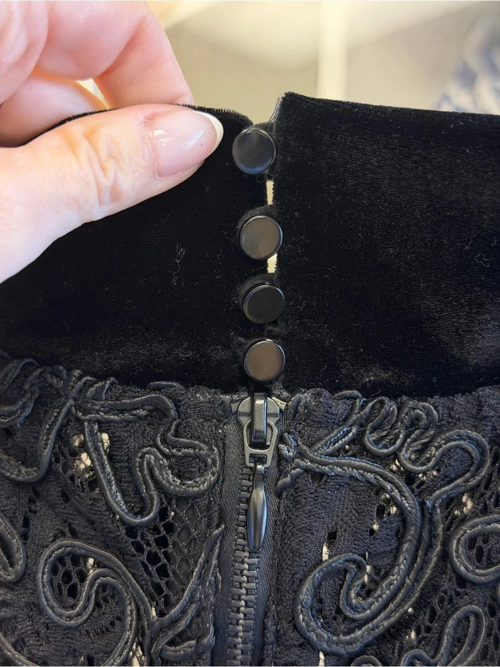 Anne Fontaine Lace Embroidered Semi Sheer Dress Velvet Collar Black Sz 38 US 4 6